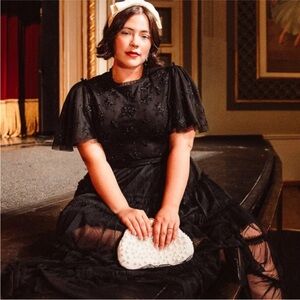 Ivy city co Black Anastasia Embellished beaded ruffle Dress